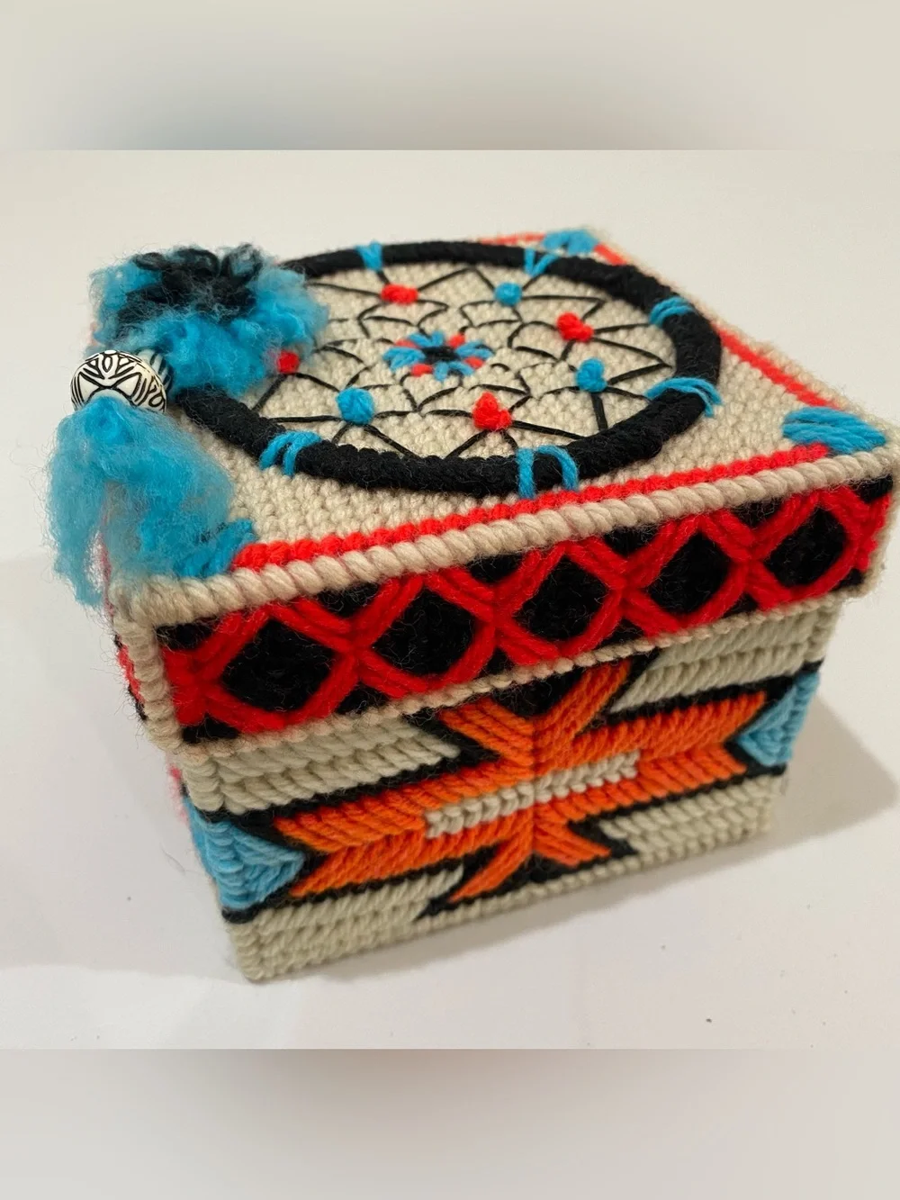 Vintage Southwestern Dream Catcher Finished Plastic Canvas Square Box Cover